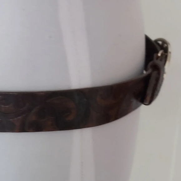 Brighton Dark Brown Handtooled Leather Belt with Silver Heart Oval Buckle - Picture 7 of 15